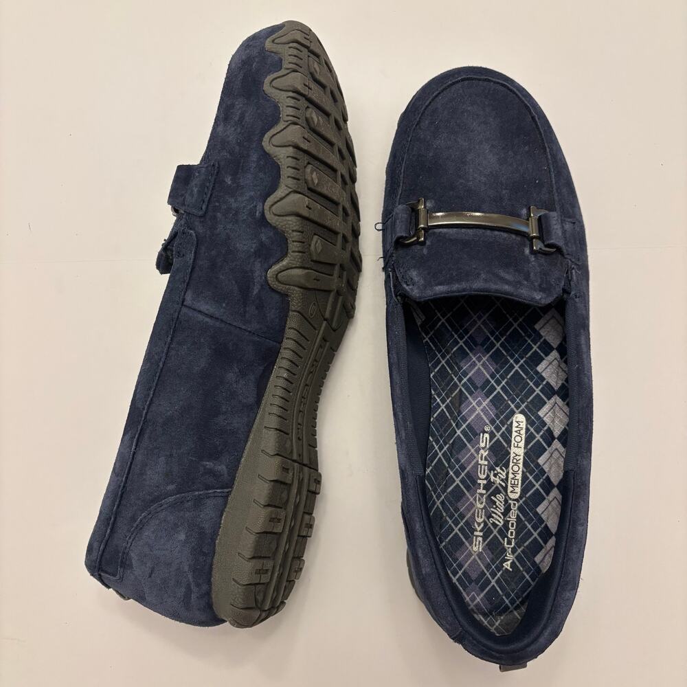 Skechers Womens 9.5 Wide Navy Suede Leather Bit Loafers Memory Foam